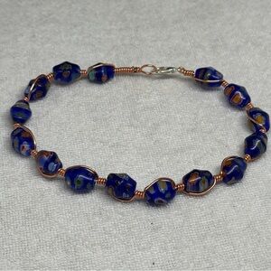 Artisan Blue Glass Bead Bracelet with Copper Wire